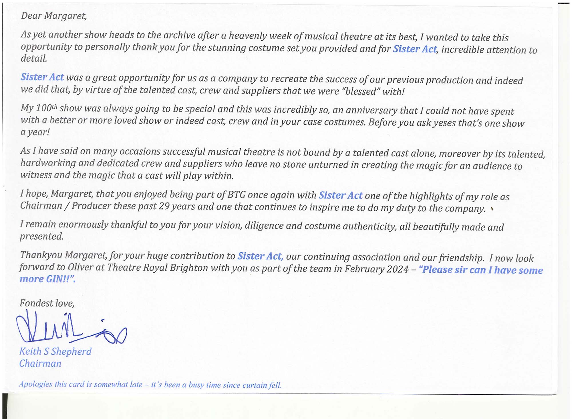 Thank you letter from chairman of Brighton Theatre Group 